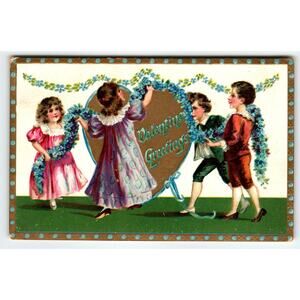 Tuck's Postcard, Valentine Greetings, Four Children with Blue Floral Garland